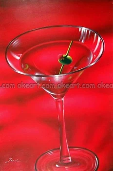 

100% hand painted Martini Cocktail Drink Booze Glass Olive Bar Restaurant Red Large Oil Painting free shipping High quality