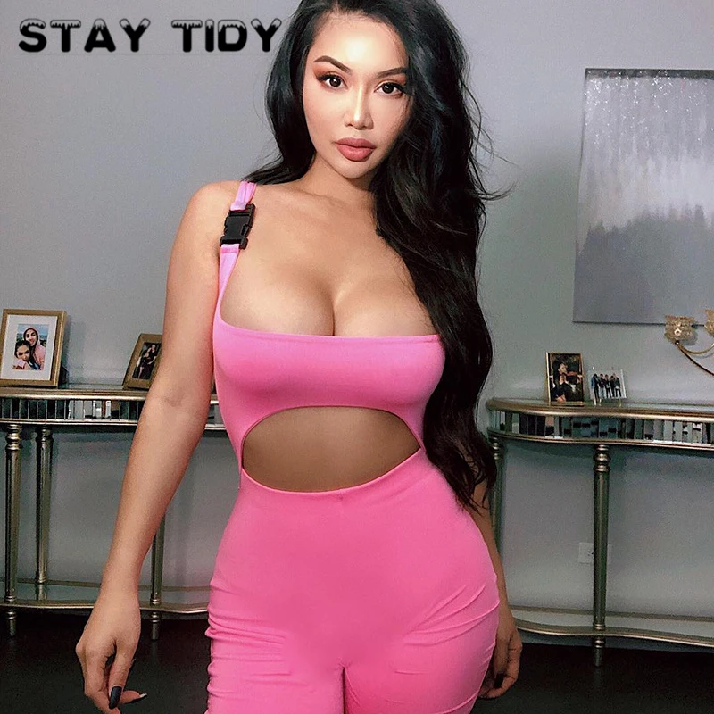 

STAY TIDY Sexy Pink Bodycon Playsuits 2019 Summer Women Sleeveless Hollow Out Buckle Workout Short Jumpsuits Female Romper