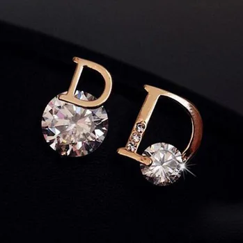

High Quality Fashion Stud Earring Asymmetric Letters D Size Crystal Zircon Earring Female Earrings S925 Silver Needles Wholesale
