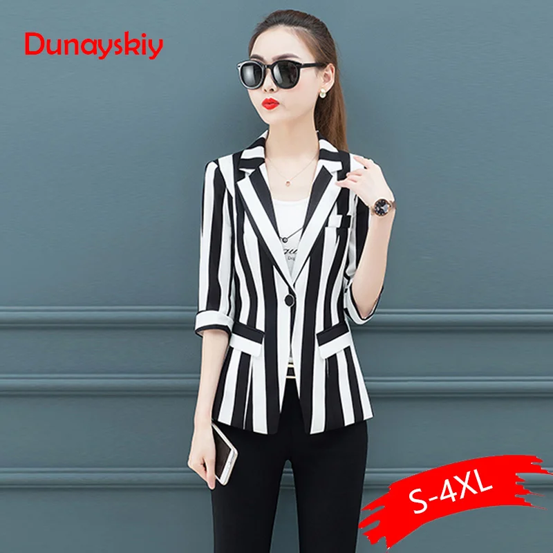 

Women Striped Blazer Slim Waist Small Suit Outwear Coat Korean Spring Thin Waist Short Autumn Half Sleeve Office Lady Blazers