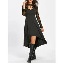 

Women's Autumn Full Kaftan Black Dress Embroidery Lace V Neck Black Maxi Long Dresses