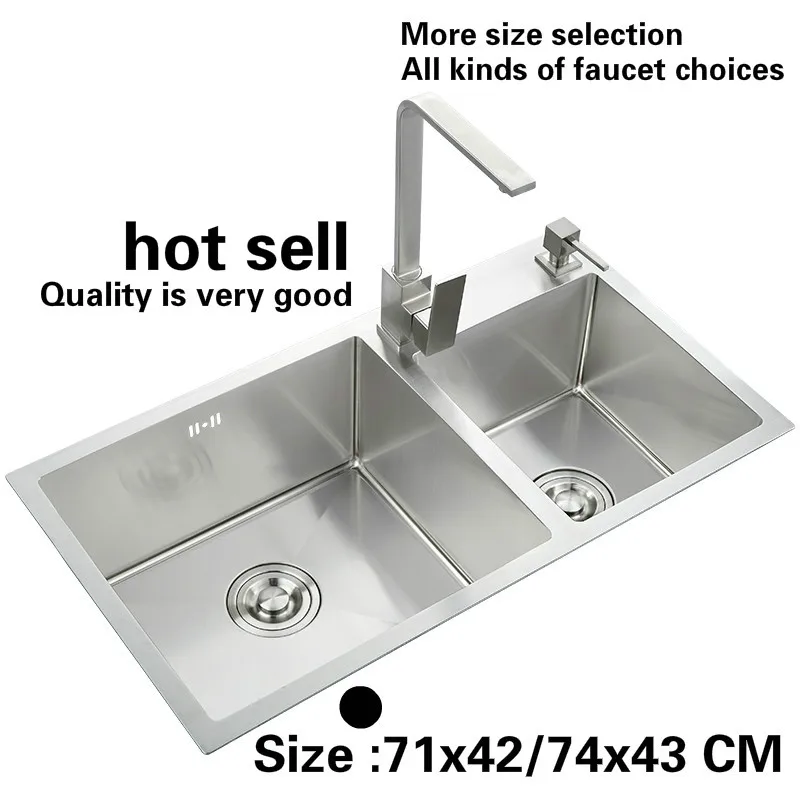 

Free shipping Fashion kitchen sink durable 304 stainless steel 3 mm hand made double groove hot sell 71x42 / 74x43 CM