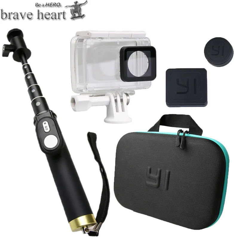 

brave heart waterproof case +camera bag + Extendable Monopod Selfie Stick for xiaomi yi 4K 2 II Xiaoyi action Camera accessories