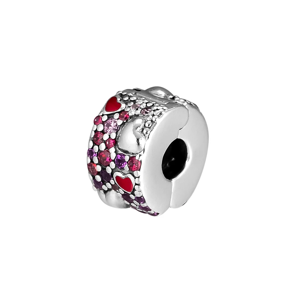 

CKK 925 Sterling Silver Asymmetric Hearts of Love Charm, Red & Pink Royal Purple Crystals, Crimson Red Enamel Original Jewelry