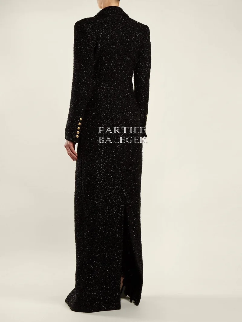 Новое поступление Chic черный пушистый Sparkly дизайн и пуговицы одежда с длинным рукавом отложной воротник знаменитости вечерние длинное пальто