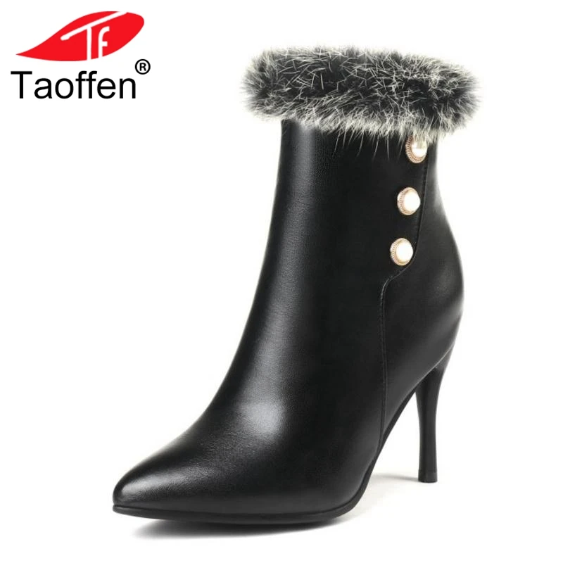 

TAOFFEN Women High Heels Ankle Boots Pointed Toe Plush Fur Winter Shoes Woman String Bead Zipper Warm Short Boots Size 34-43