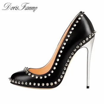 

Free Shipping DorisFanny Round Toe Sexy high heels Black Rivets Party Prom 12cm Women Pumps Shoes size 34-45