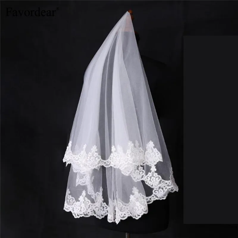 

Favordear 2019 1.5M Short Wedding Veil High Quality One Layer Elbow Length White Ivory Lace Edge Wedding Veil Without Comb