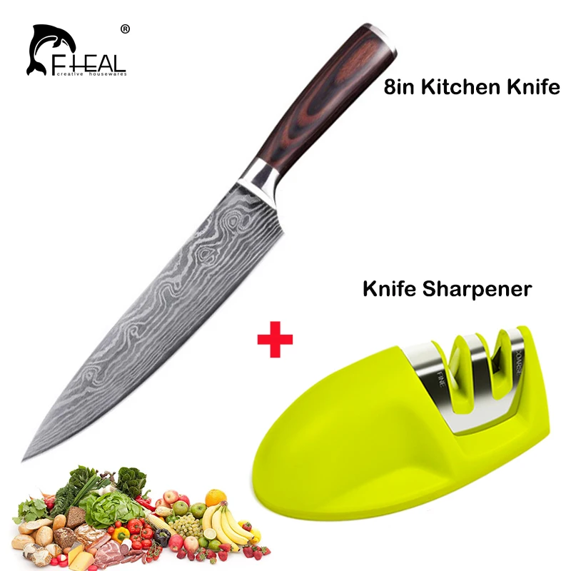 

FHEAL Stainless Steel kitchen Knife with Sharpener Set 8 inch 7Cr17Mov Chef Knives Sharpening Whetstone Diamond & Ceramic Stages