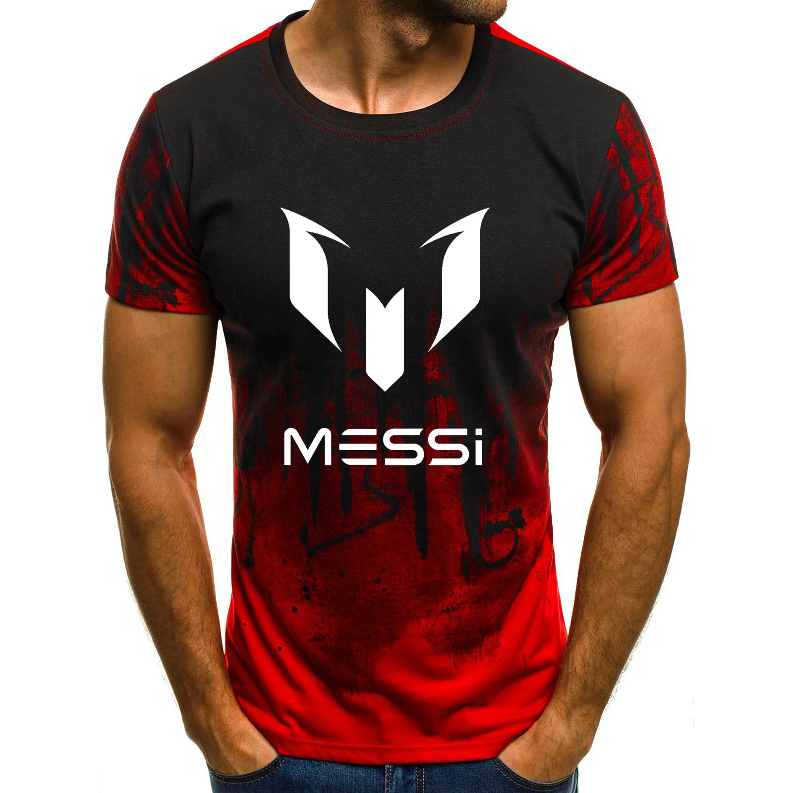 Летние мужские Барселона Месси футболки камуфляж с круглым вырезом мода печатных Хип-Хоп Футболка Camisetas для мужчин костюмы повседневное Топ - Цвет: Red