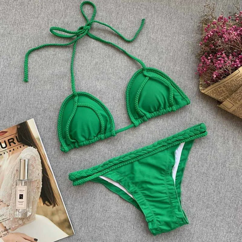 2019 High Quality Braided swimwear Two Piece Solid Color Thong Sexy Women Swimsuit |
