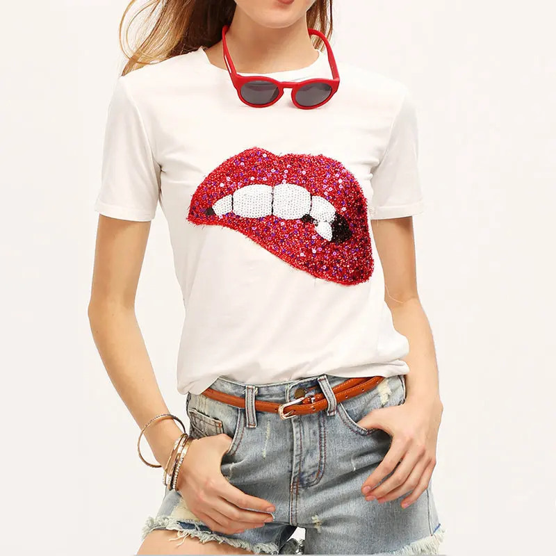 

2018 New Summer T-Shirt Women Fashion Sequins Big Red Lips Print Casual Knitwear Short Sleeve Punk Tees Shirt 3 Colors