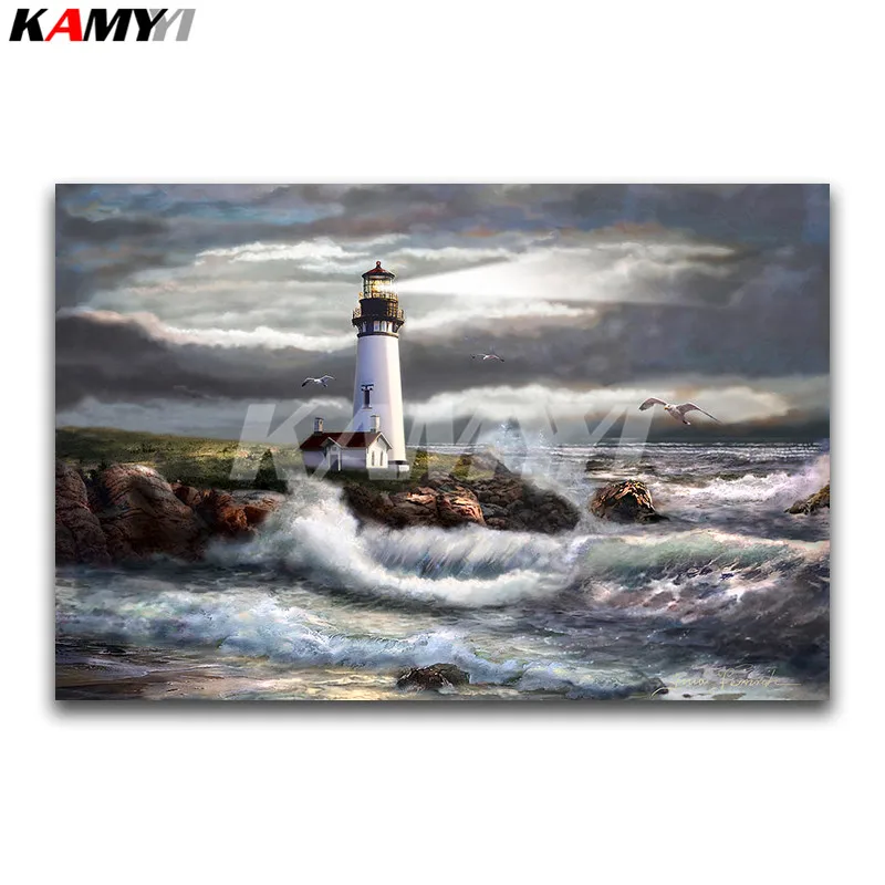 Full Square Diamond embroidery Cross stitch scenery DIY 3D Diamond mosaic lighthouse Full Round Diamond painting sea_
