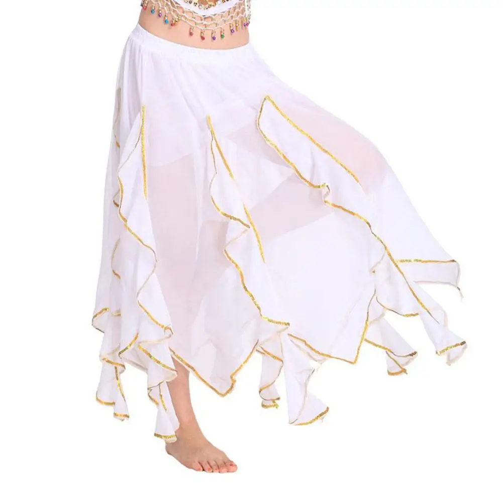 Шифоновая Мягкая юбка для танца живота, Женская кружевная Золотая Hemline Одежда для танцев, одежда для выступлений, танцевальный костюм - Цвет: white