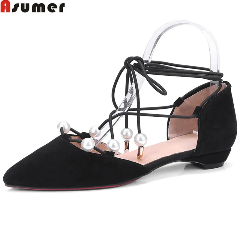 

ASUMER black 2018 fashion spring autumn shoes woman pointed toe cross tied comfortable women low heels suede leather shoes