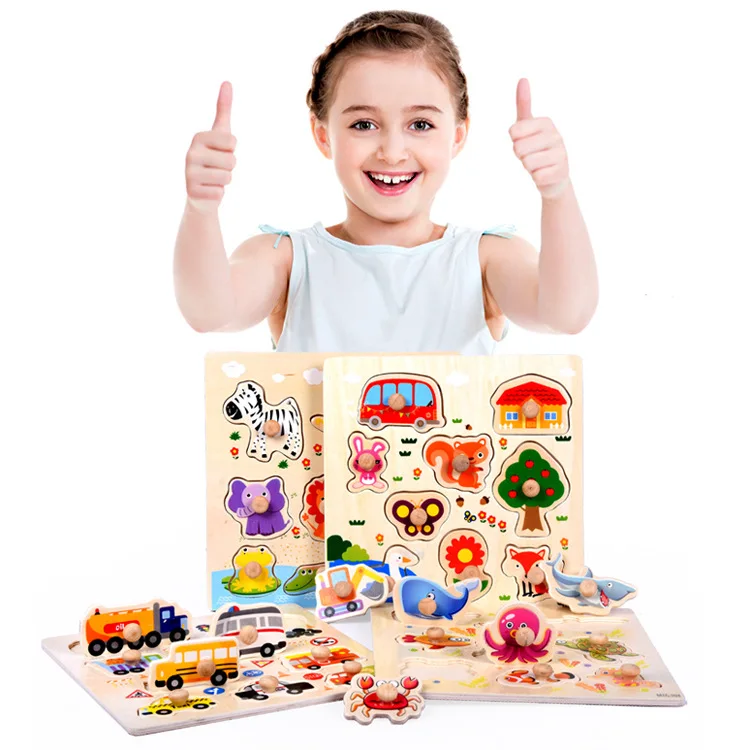 Children's Hand Grasp Board Jigsaw Puzzle Animal Cognition Early Lesson Intelligence Wooden Toys for children | Игрушки и хобби