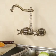 Античная кухня кран Двойное отверстие двойного держателя Настенные латунь Раковина смесителя GZ-8118