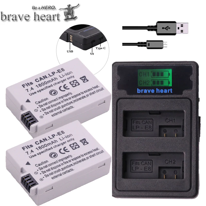 

2Pcs 1800mAh Li-ion LP-E8 LP E8 Battery Pack + AC Car Charger Kits For Canon LP-E8 EOS 5D, 700D50D, 600D, 650 EOS Rebel T5i T3i