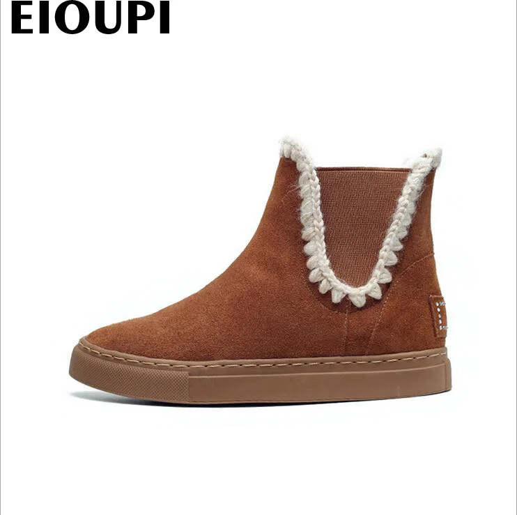 

EIOUPI top quality warm winter snow boots real sheep fur sheepskin leather women casual fashion thread sewing flat boot