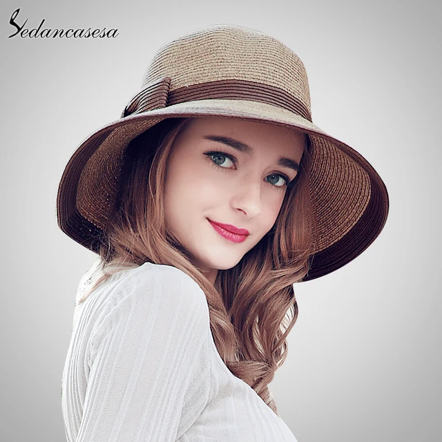 Новый женский пляж соломенная шляпка с лентой рулон-бесплатная отделка вс шапки широкими полями летние шляпы SW105082