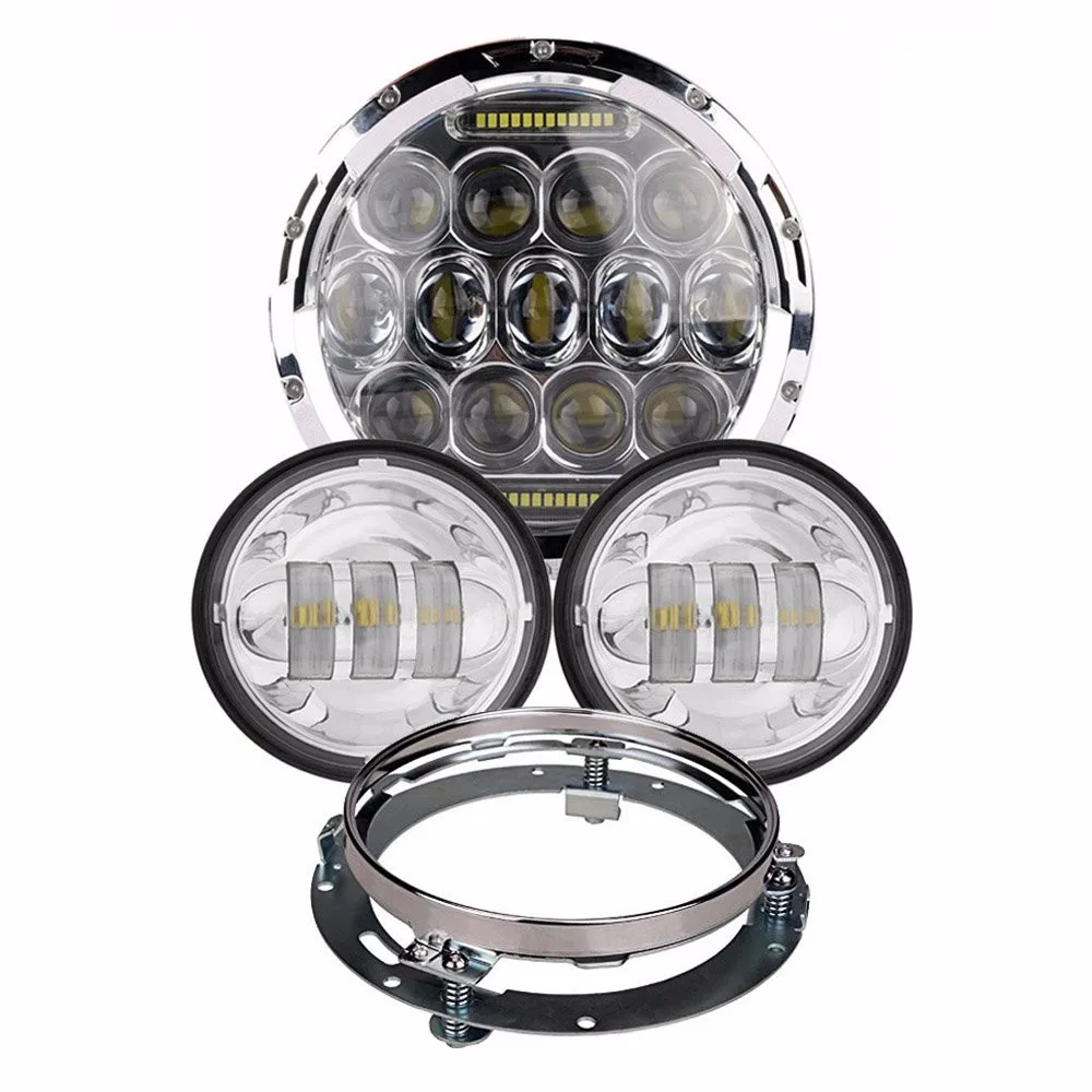 

75W 7 Inch Round LED Projector Headlights + 4 1/2 " LED Auxiliary Lamps (Pack of 2) + Brackets Bezel Kit For Harley Motorcycles