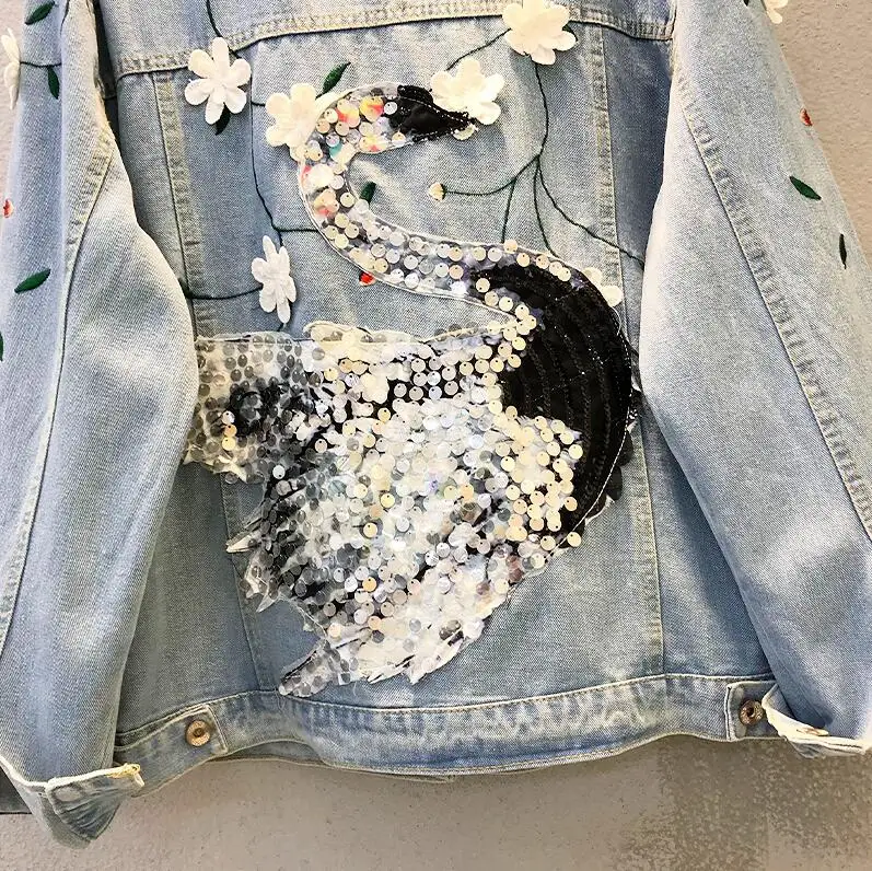 2019 Lâche Denim Jeans Rétro Bleu Nouveau Manteau Swan De Lourd Femmes Sac Kelly Étudiants Paillettes Vestes Broderie BU7rB