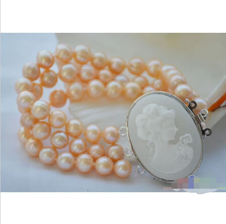 

Free shipping >>>>>>P4637 3row 8" 10mm pink round freshwater cultured pearl bracelet