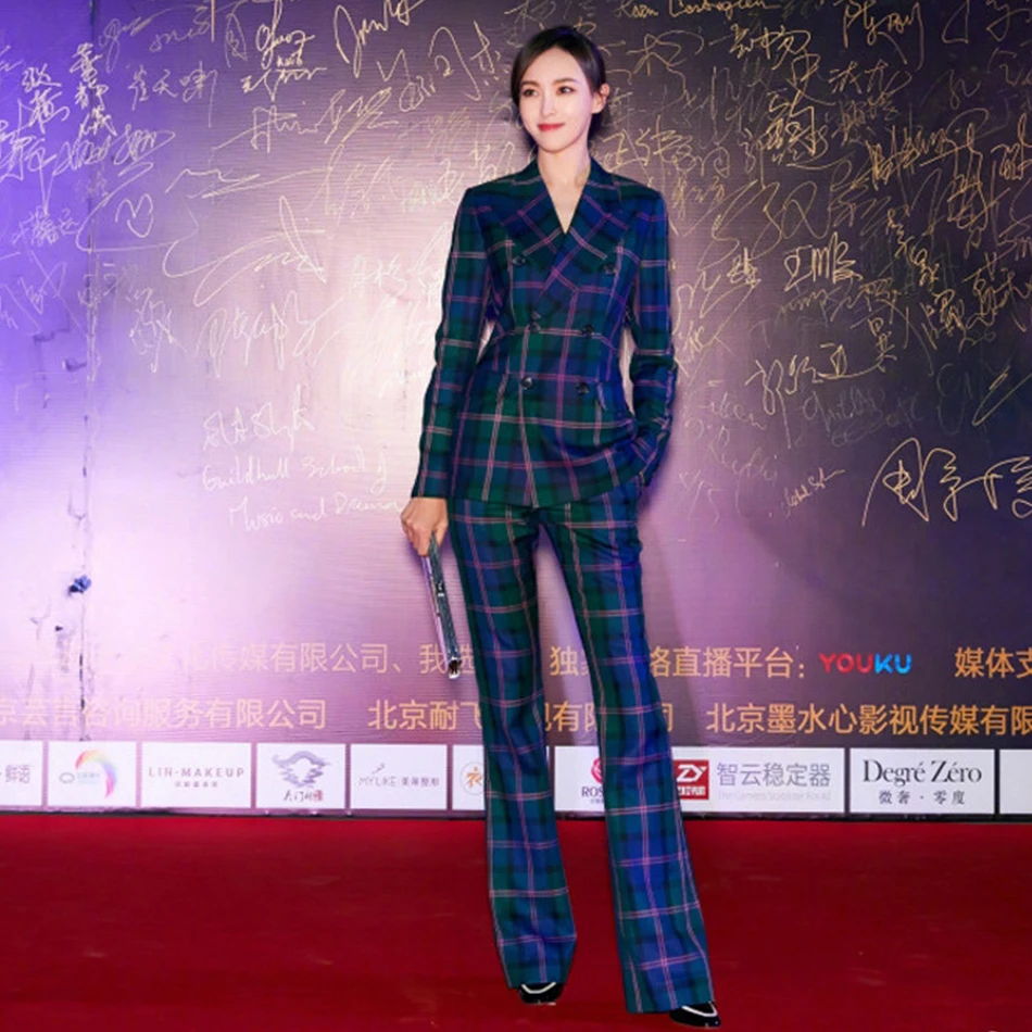 High Quality 2019 New Pants Suits Women Fashion New Designer Celebrity Blue Plaid Blazer Pants Two Pieces Sets Office Suit Lady