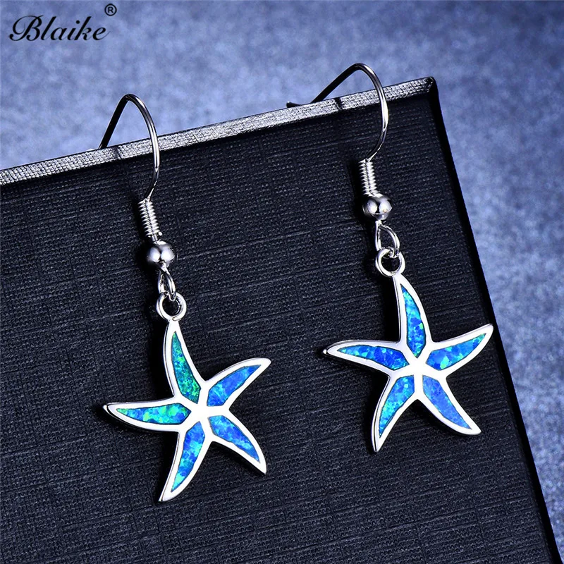 

Blaike Long Dangle Sea Star Blue/White Fire Opal Drop Earrings For Women 925 Sterling Silver Filled Wedding Birthstone Jewelry