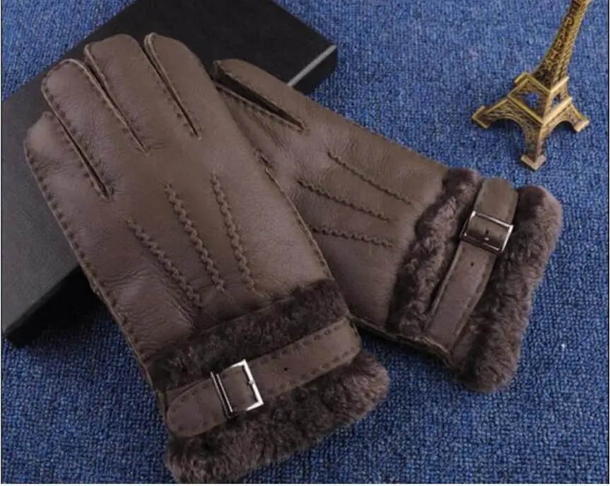 Genuine leather fur winter men's mittens 100% sheep fur hand made thicken warm ski gloves water proof gloves antifreezing