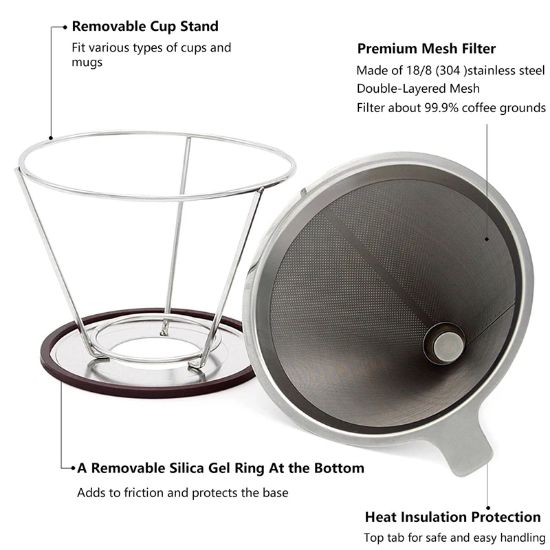 Корзина для кофейных фильтров из нержавеющей стали, многоразовый сетчатый кофейный фильтр, конус для заливания кофе, капельница с подставкой, Безбумажная кофеварка