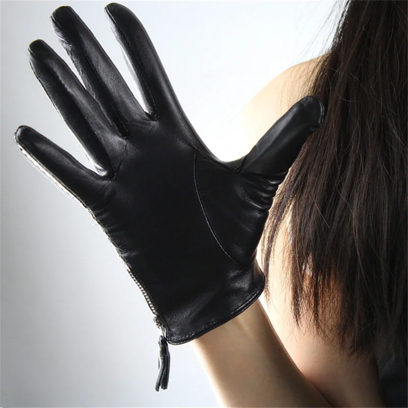 Модные перчатки для сенсорного экрана из натуральной кожи, импортные перчатки из козьей кожи с кисточками на молнии, короткие черные женские модели