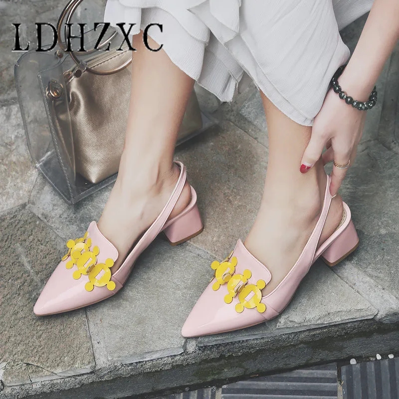 

LDHZXC Pink Blue Fashion Summer Ladies Shoes Buckle Thick Heel Elegant Casual Women High Heels Sandals Big Size 33-46