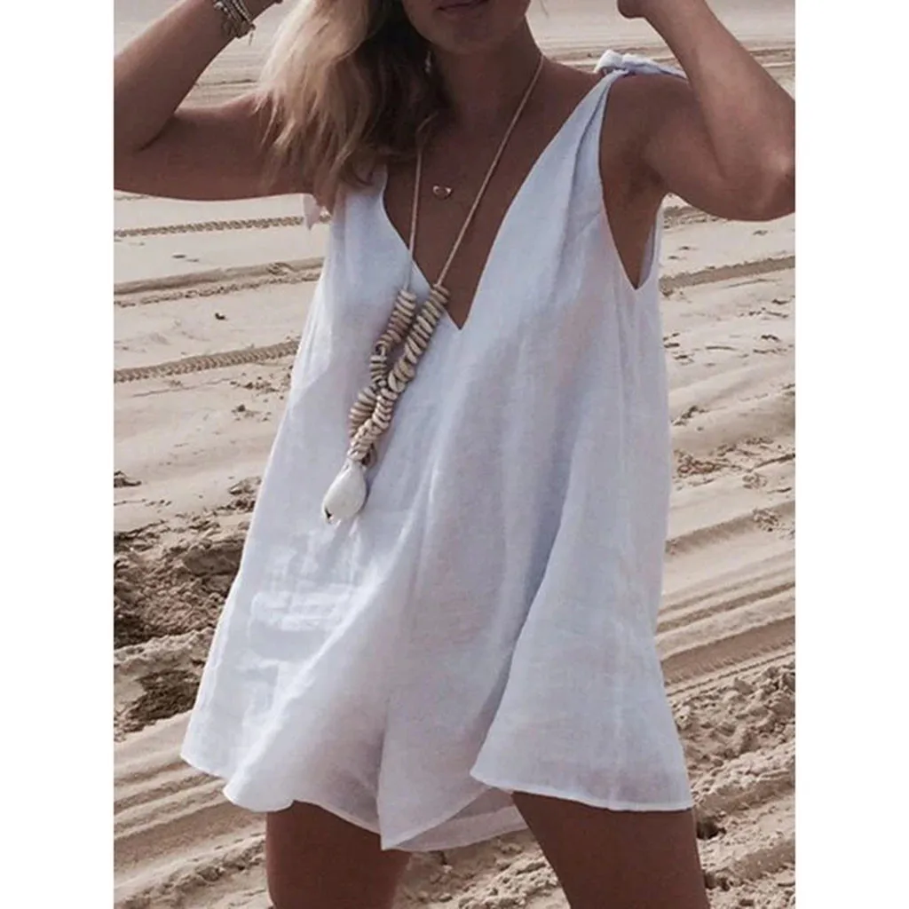 Женский свободный короткий комбинезон без рукавов с V образным вырезом и бантом