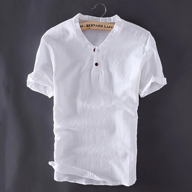 Китайская мужская повседневная льняная рубашка с коротким рукавом от известного бренда, летняя хлопковая льняная одежда, облегающие топы, модные пеньковые рубашки