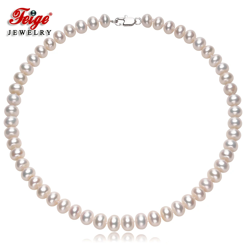 

Genuine Freshwater Pearl Necklaces For Women's 9-10mm White Natural Pearl Choker Necklaces Fine Jewelry By FEIGE