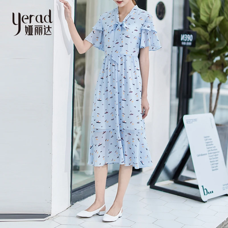 

YERAD Summer Woman Chiffon Dress Elegant Office Lady Blue Print Dress Short Sleeve Bowtie A-line Dress
