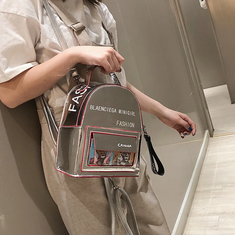 Laser mirror letter mini backpack women fashion clear bags ladies luxury backpack 2019 crossbody high quality student bag