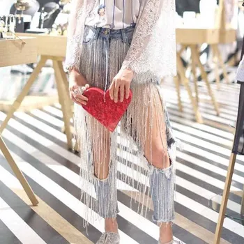 

2019 New Spring and Summer Women's Luxury Beaded Tassel Large Holes Beggar Trousers Female Retro Jeans Pants