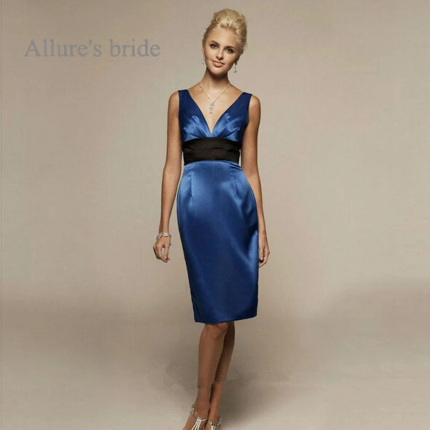 Hot Sale! Navy blue Cocktail dresses Deep V neck Satin fabric Backless