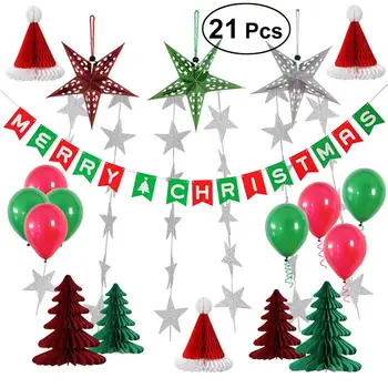

21 Pcs Tissue Paper Flowers Pom Pom Xmas Tree DIY Paper Garland Tassels Merry Christmas Banner