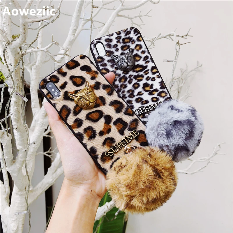 

Aoweziic Winter luxury leopard print for iPhone X XS MAX XR phone case metal leopard head 6S all-inclusive soft edge 7plus plush