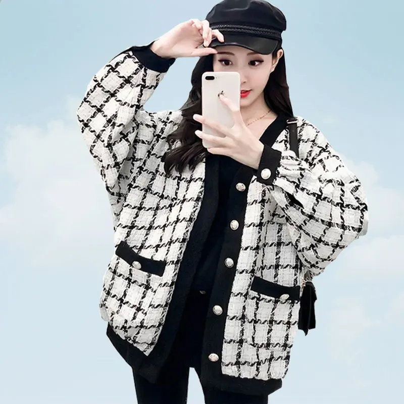 

Red Plaid Loose Knitting Female Cardigan Medium Long Bat Sleeve Sweater Women Black Thicken Plus size Western Style Jacket SS100