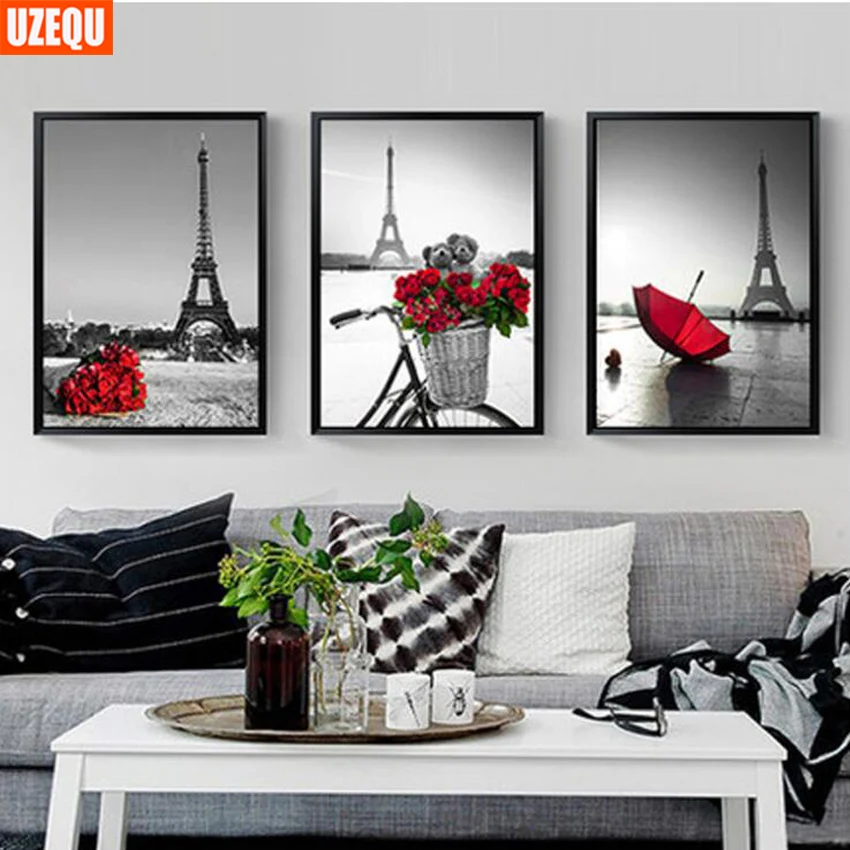 

UzeQu Triptych 5D Diamond Painting Landscape Eiffel Tower Cross Stitch Diamond Embroidery Full Round Diamond Mosaic Wall Picture