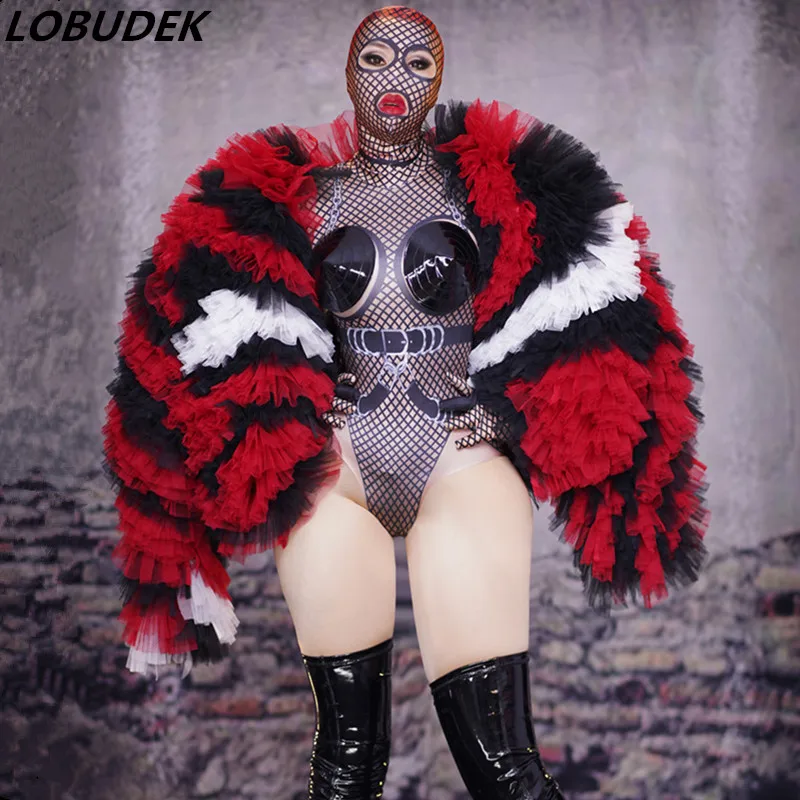 

Nightclub Party Women Costume 3D Printed Elastic Mask Bodysuit Red Bat Sleeve Cloak Coat Fashion Show Stage Outfits Stage Wear