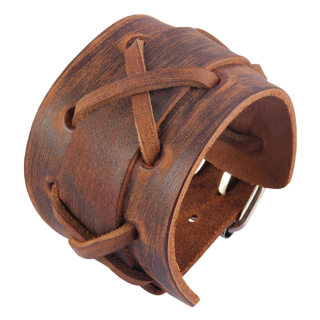 Handmade Leather Wide Cuff Bracelet Cross Punk Biker Men Bangle double Wrap Braided Leather Bracelet for Daily Wearing Brown