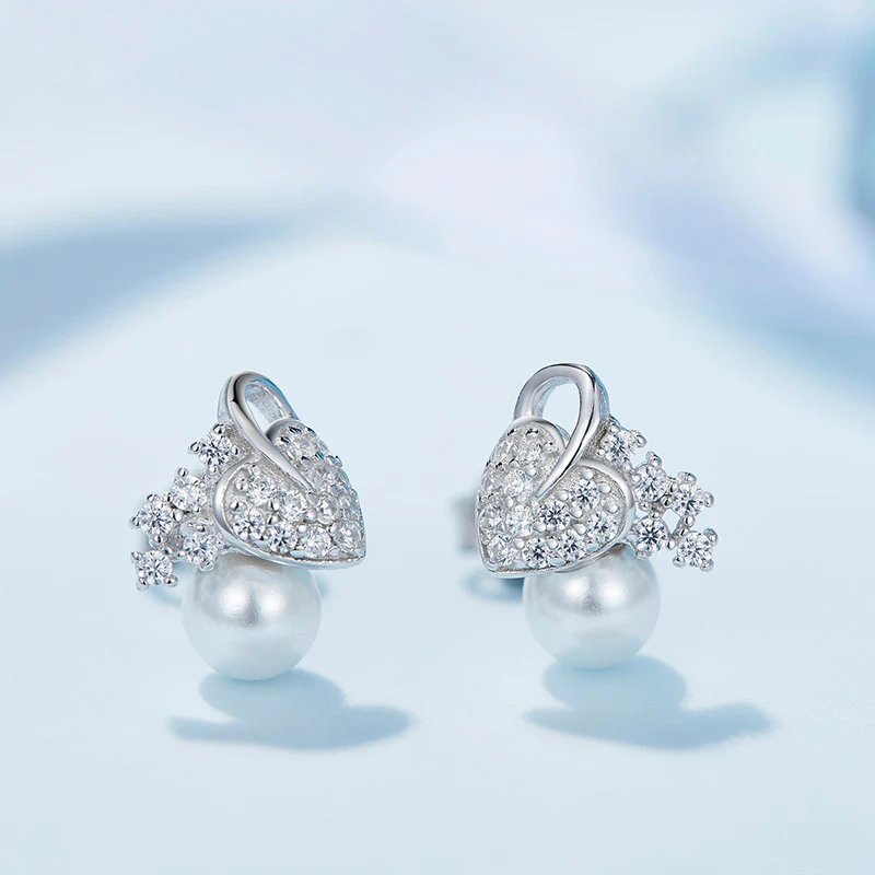 

Stud Earrings for Women 925 Sterling Silver Optimizing Crystal Pearl Classic Heart Shape