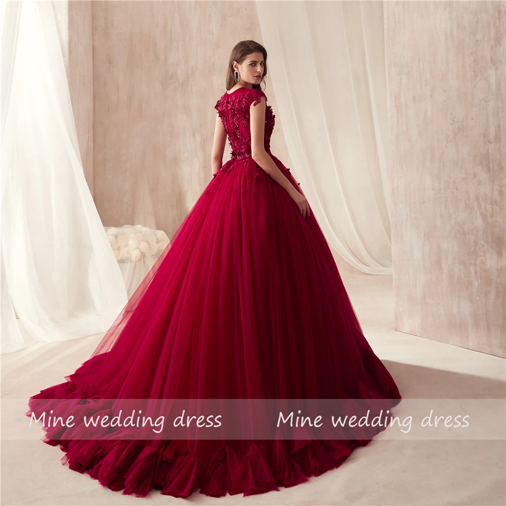 2019 O Neck Ball Gowns Burgundy Wedding Dress With Color 3d