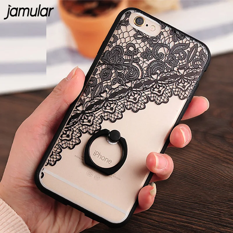 

JAMULAR Lace Flower Transparent Phone Case Cover For iPhone 8 7 6 6S Plus Case With Ring Holder Phone Cover For iPhone X Capinha
