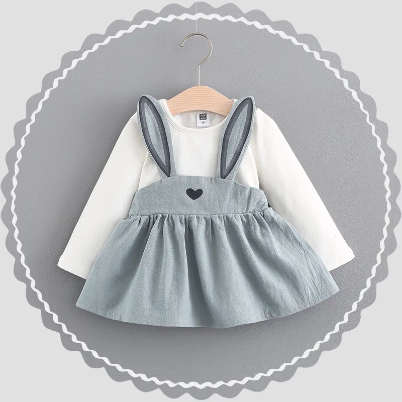 Хлопковая одежда для детей 0-2 лет; сезон весна-осень; детская одежда с милым рисунком кролика; платье для маленьких девочек; платье принцессы - Цвет: Серый